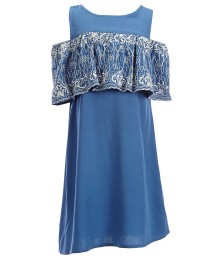 Gb Girls Blue Cold Shoulder Embroidered Ruffle Dress 